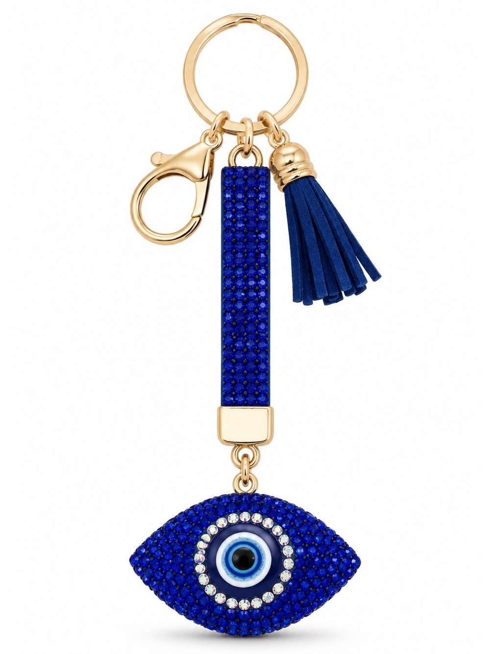 Blue Evil Eye Allover Rhinestone Faux Leather Tassel 6" Gold Bag Charm Keychain